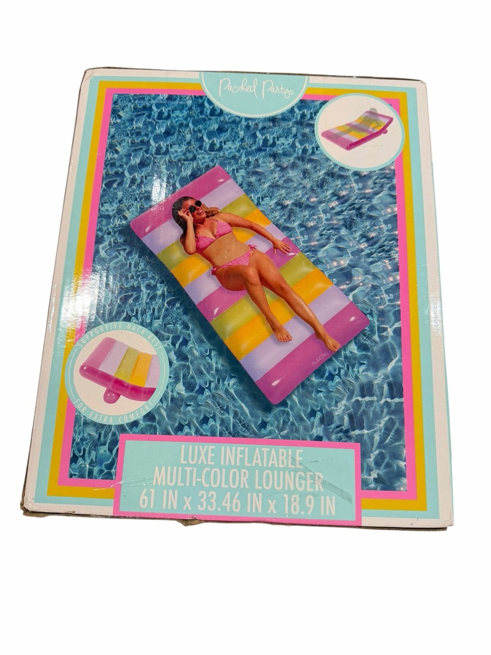 Packed Party Luxe Inflatable Multi-Color Pool Lounger Float NIB